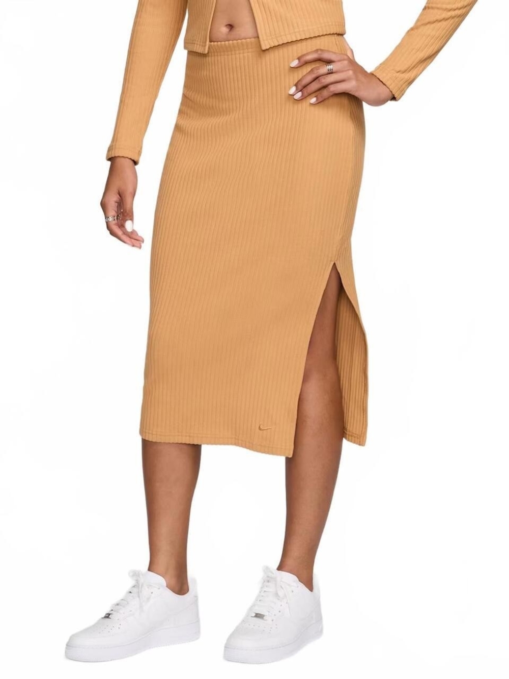 Ribbed Midi Skirt with Side Slit - Tan
